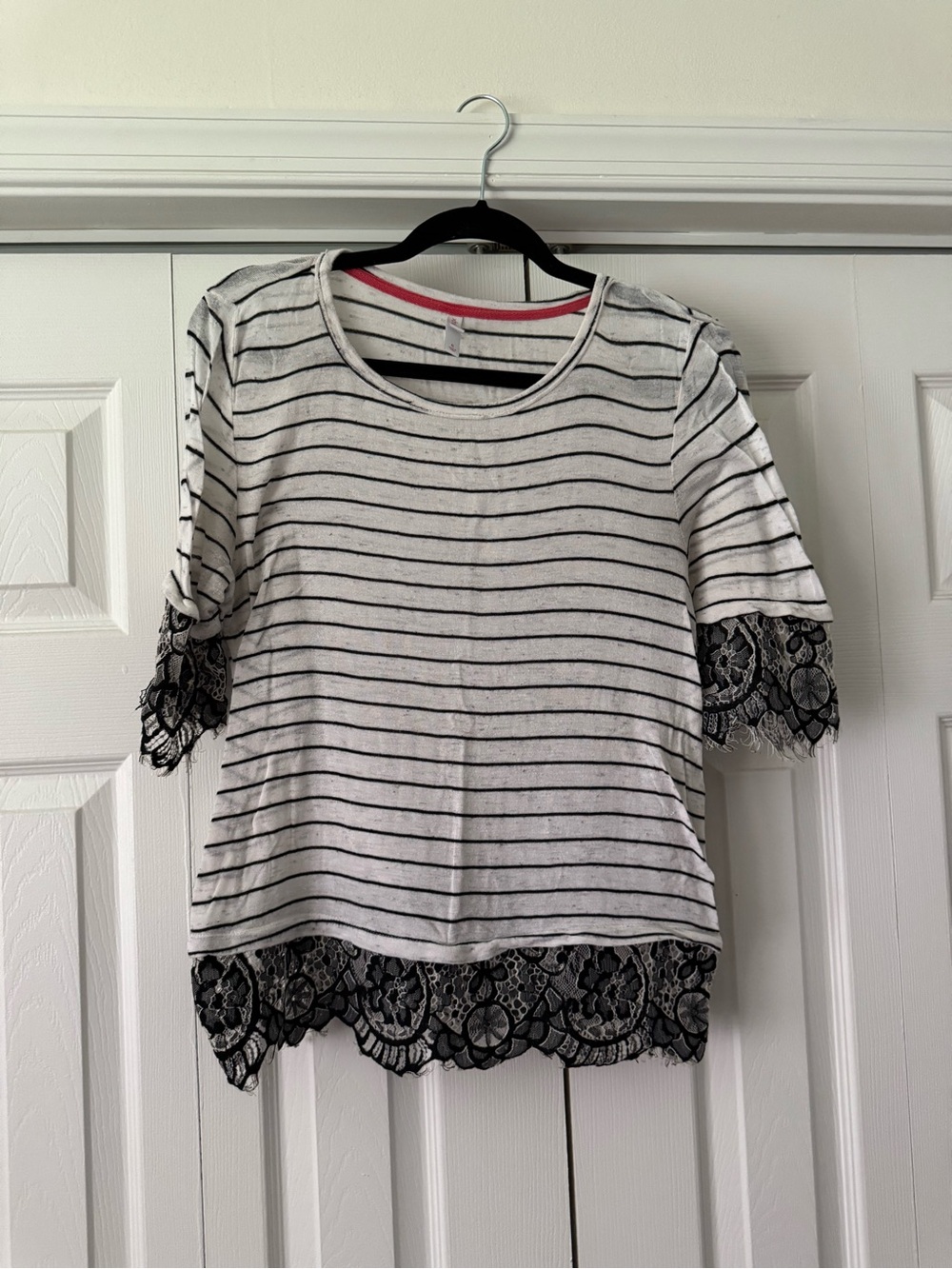 Xhilaration White Striped Tee with Black Lace Trim